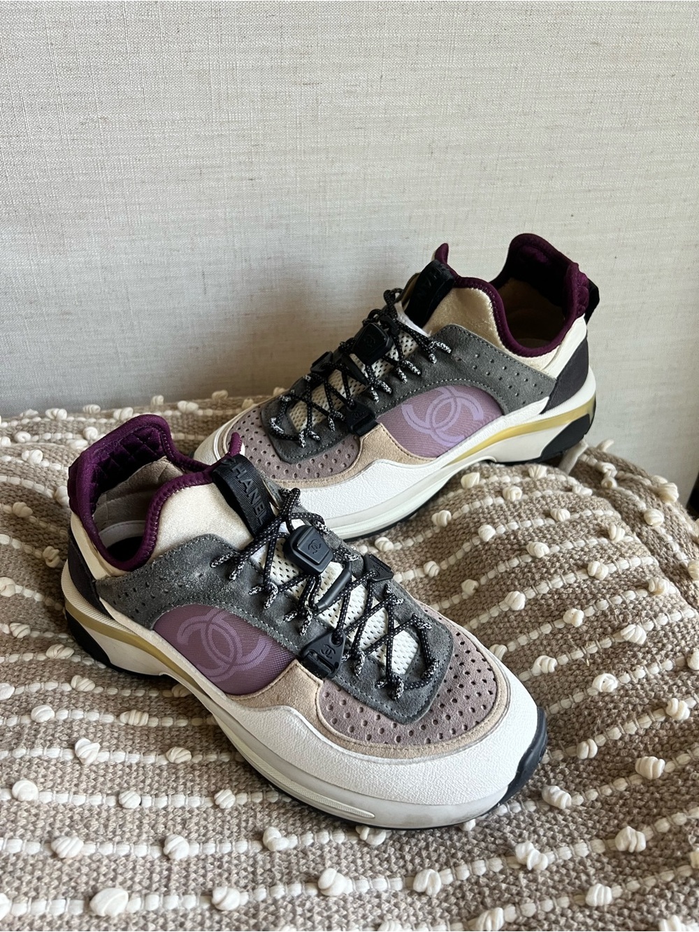 CHANEL Purple Gray and White Suede with mess Lifestyle  Sneakers 100% Autentic